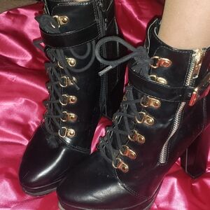 Black Lace-Up Ankle Boots with Gold Accents